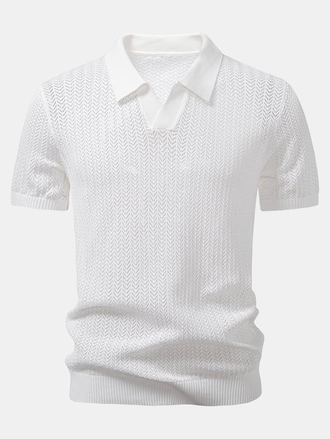Textured Crochet V Neck Polo Shirt
