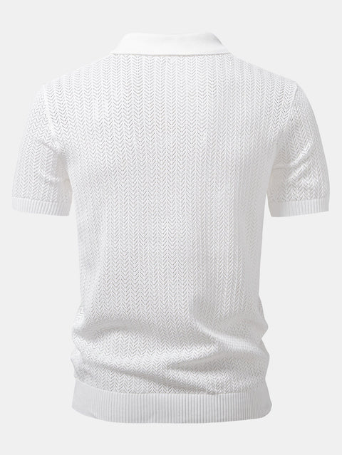 Textured Crochet V Neck Polo Shirt