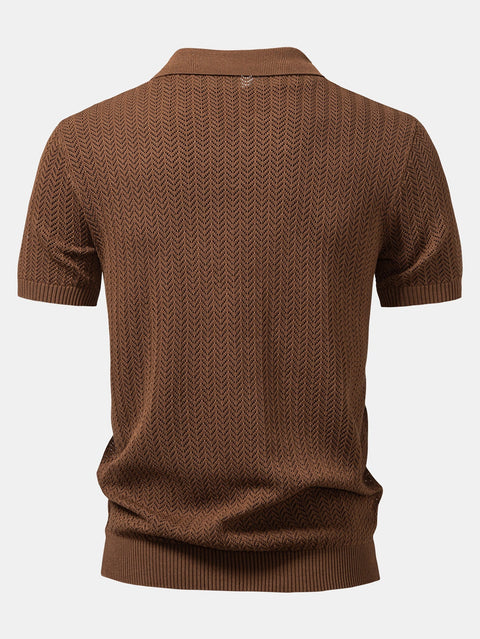 Textured Crochet V Neck Polo Shirt