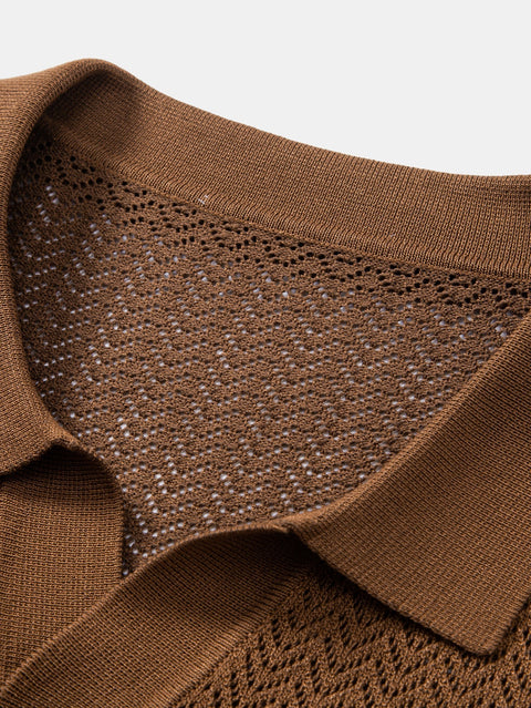 Textured Crochet V Neck Polo Shirt