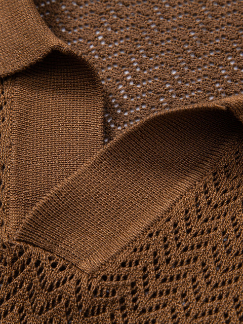 Textured Crochet V Neck Polo Shirt