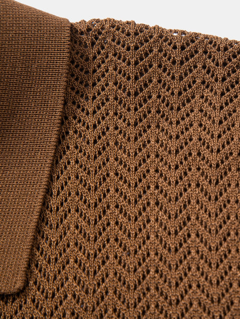 Textured Crochet V Neck Polo Shirt