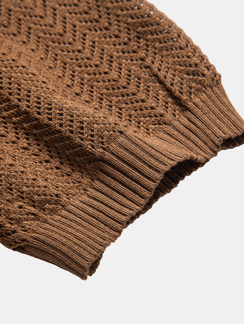 Textured Crochet V Neck Polo Shirt