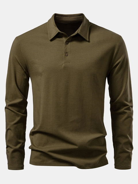 Solid Long Sleeve Cotton Polo Shirt