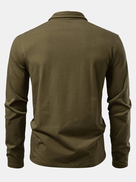 Solid Long Sleeve Cotton Polo Shirt