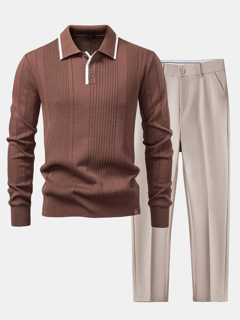 Long Sleeved Knitted Stripe Jacquard Polo Shirt & Slim Fit Tapered Trousers