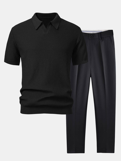 Wave Jacquard Knit V Neck Polo Shirt & Slim Fit Tapered Trousers