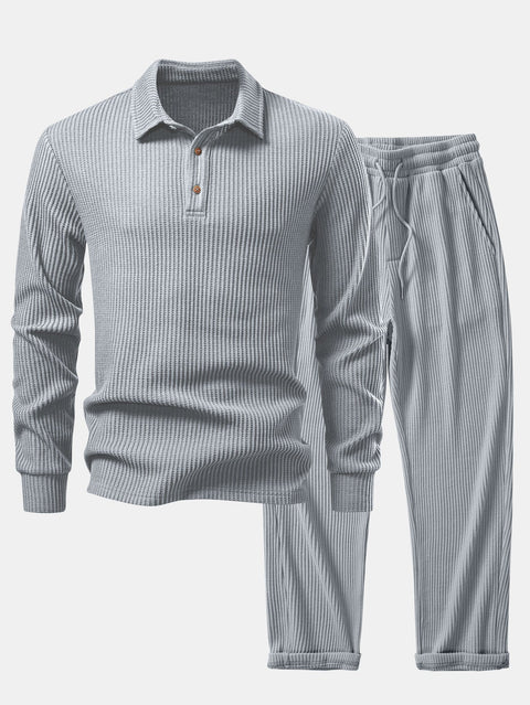 Long Sleeved Knitted Waffle Polo Shirt & Drawstring Knitted Waffle Pants