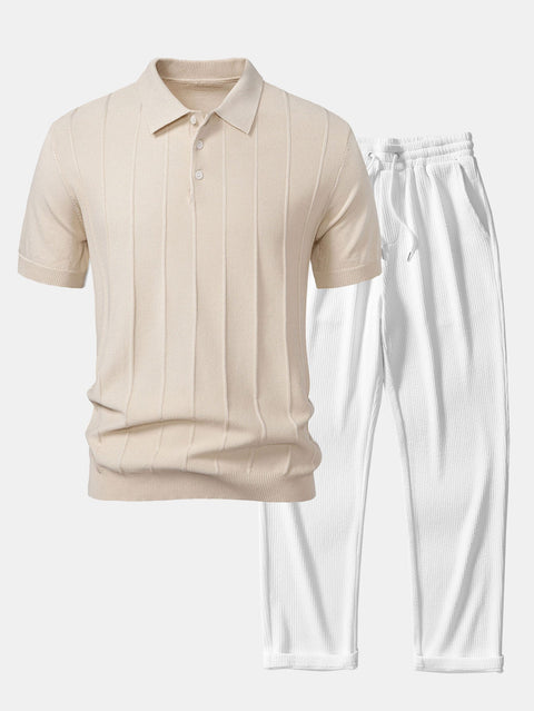 Stripe Jacquard Knit Polo Shirt & Straight Leg Ribbed Pants