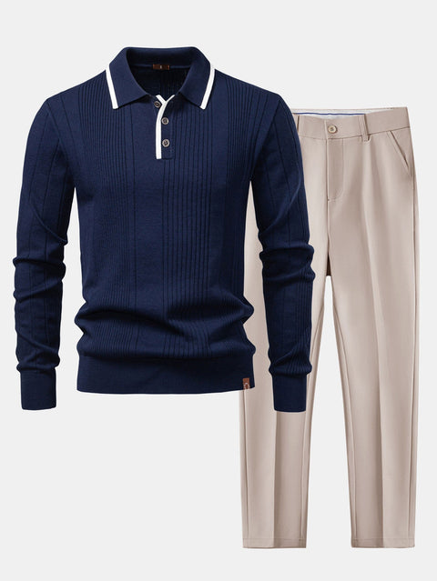 Long Sleeved Knitted Stripe Jacquard Polo Shirt & Slim Fit Tapered Trousers