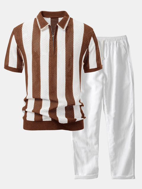 Striped Eyelet Knit Zip Up Polo Shirt & Straight Leg Linen Pants
