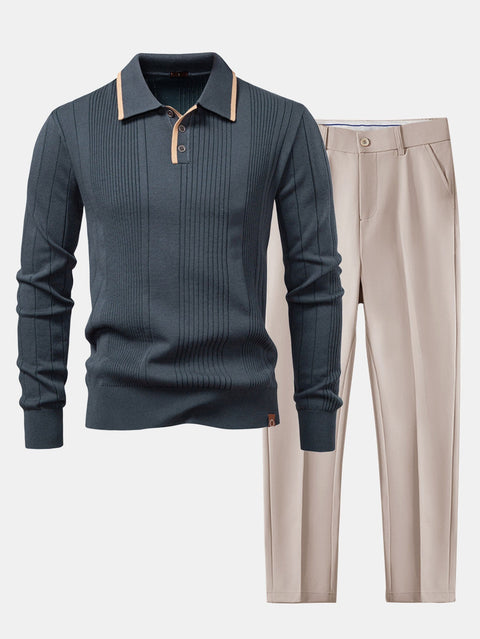 Long Sleeved Knitted Stripe Jacquard Polo Shirt & Slim Fit Tapered Trousers