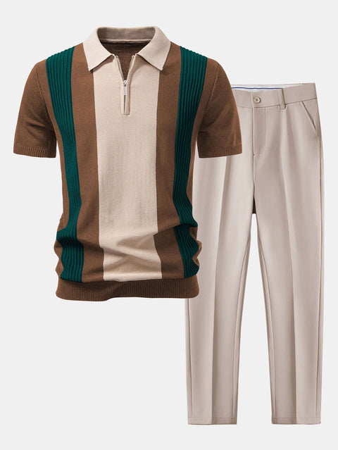 Textured Color Block Knit Polo & Slim Fit Tapered Trousers