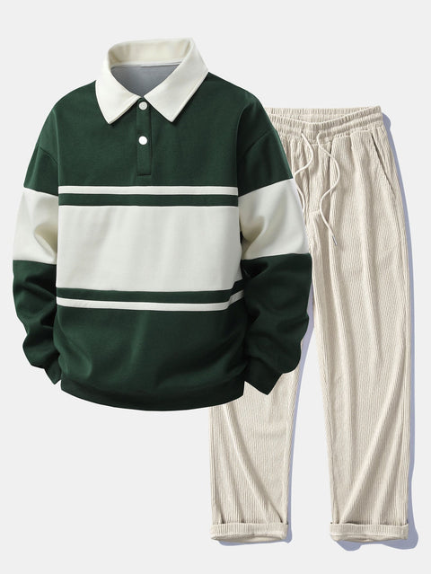 Relax Fit Color Block Patchwork Polo Sweatshirt & Straight Leg Corduroy Pants