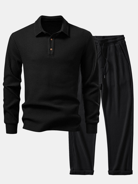 Long Sleeved Knitted Waffle Polo Shirt & Drawstring Knitted Waffle Pants