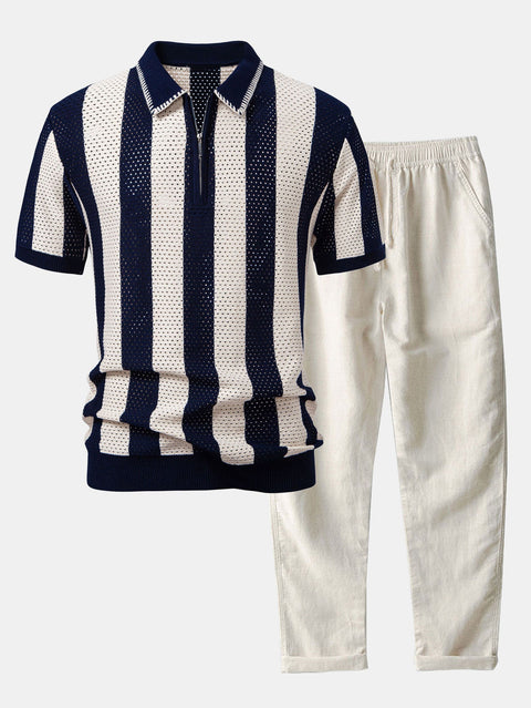 Striped Eyelet Knit Zip Up Polo Shirt & Straight Leg Linen Pants