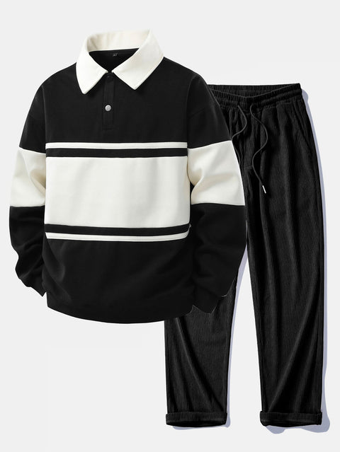 Relax Fit Color Block Patchwork Polo Sweatshirt & Straight Leg Corduroy Pants