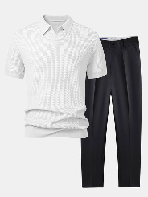 Wave Jacquard Knit V Neck Polo Shirt & Slim Fit Tapered Trousers