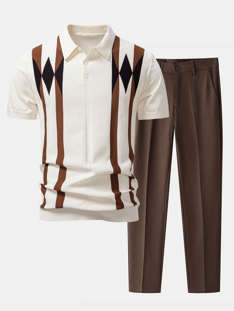 Stripe Geometric Jacquard Knitted Polo Shirt & Slim Fit Tapered Trousers