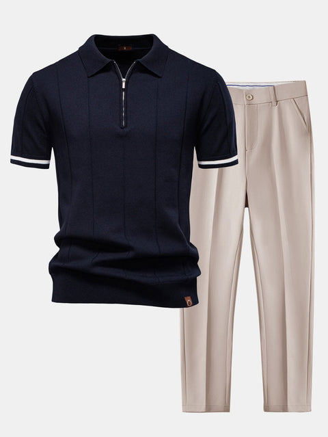 Contrast Trim Zipper Knit Polo Shirt & Slim Fit Tapered Trousers