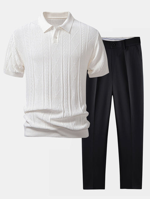 Geometric Jacquard Knitted Polo Shirt & Slim Fit Tapered Trousers