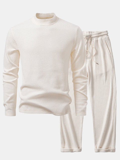 Long Sleeve Waffle Mock Neck T-Shirt & Drawstring Knitted Waffle Pants