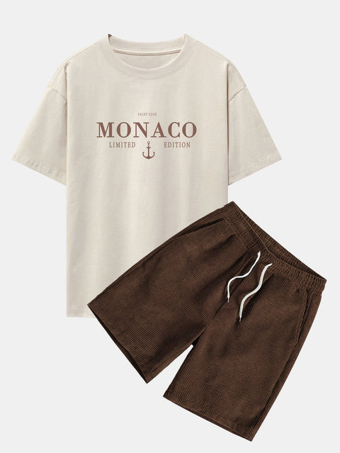 Monaco Slogan Print Drop Shoulder Oversize T-Shirt & Drawstring Corduroy Shorts