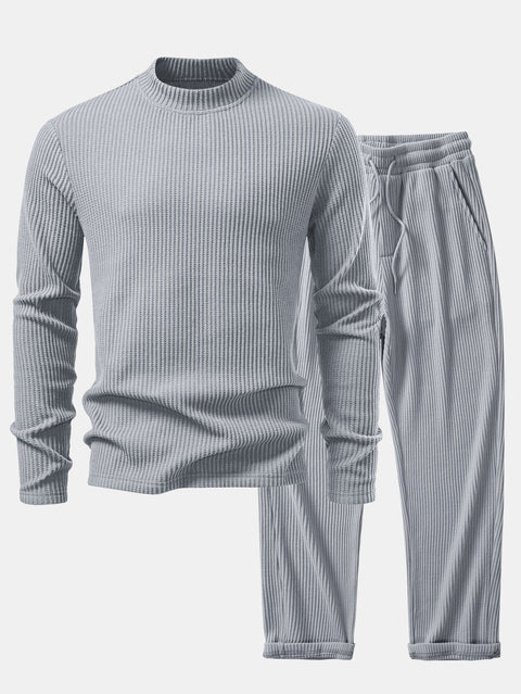 Long Sleeve Waffle Mock Neck T-Shirt & Drawstring Knitted Waffle Pants