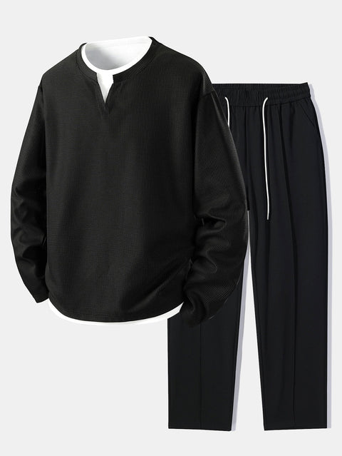 Relax Fit Long Sleeve 2 In 1 Waffle T-Shirt & Single Pleat Drawstring Straight Leg Pants