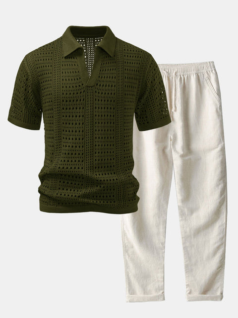 Crochet  V Neck Polo Shirt & Straight Leg Linen Pants