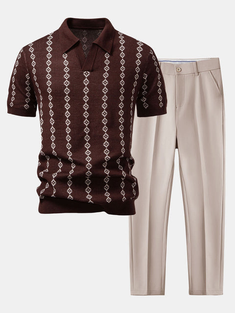 Geometric Knit V Neck Polo Shirt & Slim Fit Tapered Trousers
