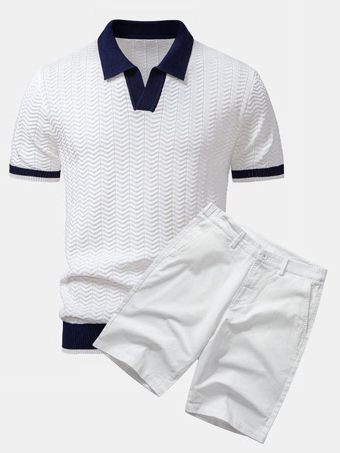 Texture Contrast Knitted V Neck Polo Shirt & Cotton Chino Shorts