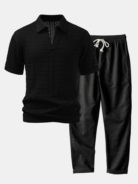 Crochet  V Neck Polo Shirt & Straight Leg Linen Pants