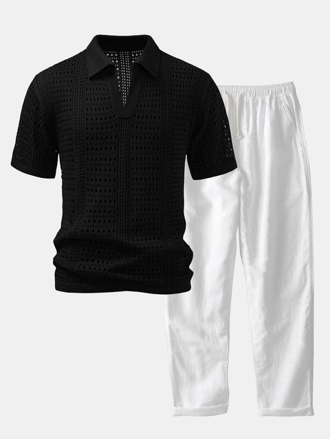 Crochet  V Neck Polo Shirt & Straight Leg Linen Pants