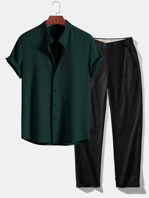 Muscle Fit Ribbed Stand Collar Shirt & Elastic Waist Straight Leg Trousers