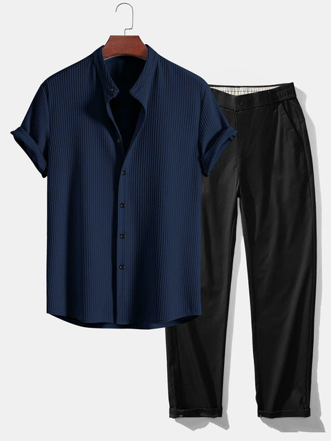 Muscle Fit Ribbed Stand Collar Shirt & Elastic Waist Straight Leg Trousers