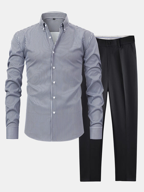 Long Sleeve Stripe Button Up Shirt & Slim Fit Tapered Trousers