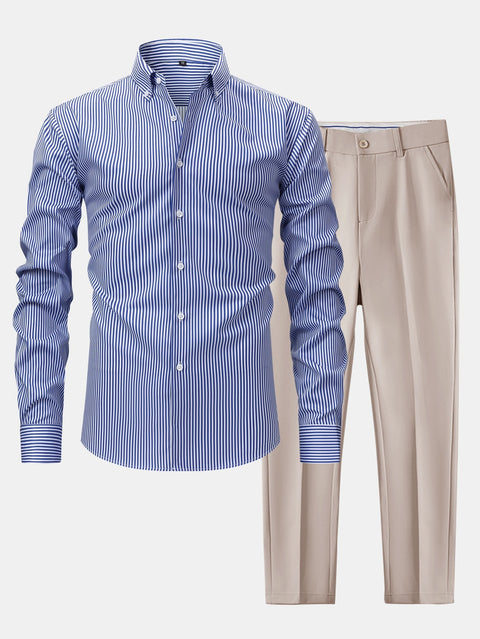 Long Sleeve Stripe Button Up Shirt & Slim Fit Tapered Trousers