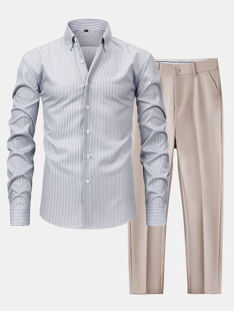 Long Sleeve Stripe Button Up Shirt & Slim Fit Tapered Trousers