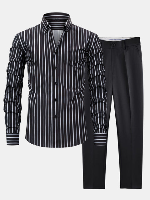 Long Sleeve Stripe Button Up Shirt & Slim Fit Tapered Trousers