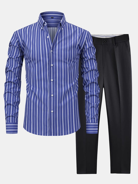 Long Sleeve Stripe Button Up Shirt & Slim Fit Tapered Trousers