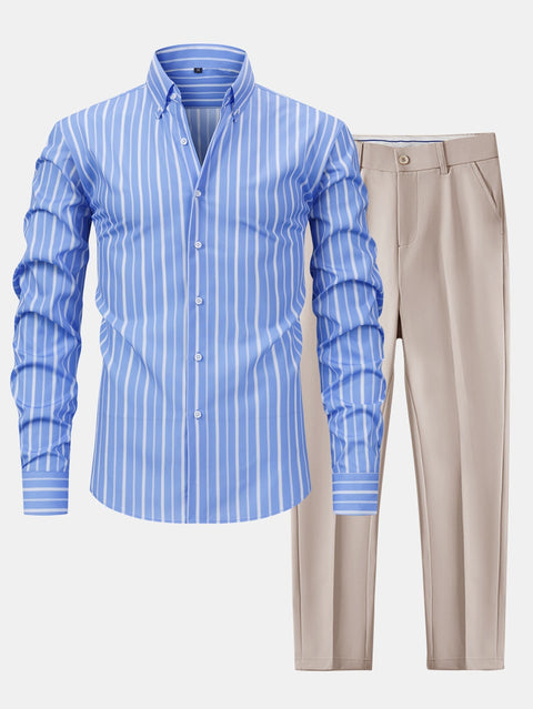 Long Sleeve Stripe Button Up Shirt & Slim Fit Tapered Trousers