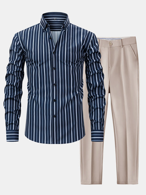 Long Sleeve Stripe Button Up Shirt & Slim Fit Tapered Trousers