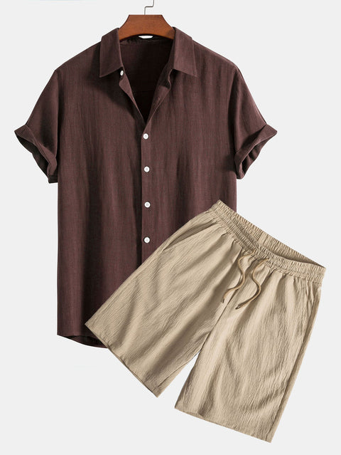 Linen Rayon Blend Button Up Shirt & Crinkled Textured Drawstring Shorts