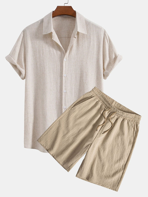 Linen Rayon Blend Button Up Shirt & Crinkled Textured Drawstring Shorts