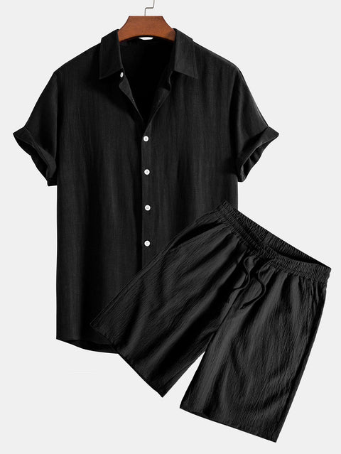 Linen Rayon Blend Button Up Shirt & Crinkled Textured Drawstring Shorts