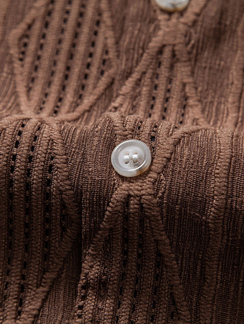 Geometric Jacquard Eyelet Cuban Shirt & Crinkled Textured Drawstring Shorts